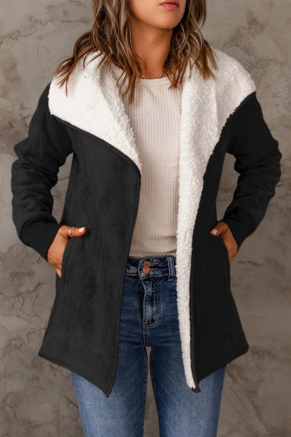 Suede-look open-front coat with sherpa-lined lapel in black, front view