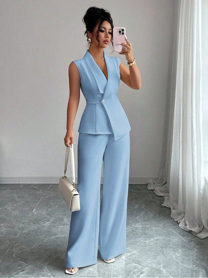 Sleeveless blazer top and wide-leg pants set in light blue, front view