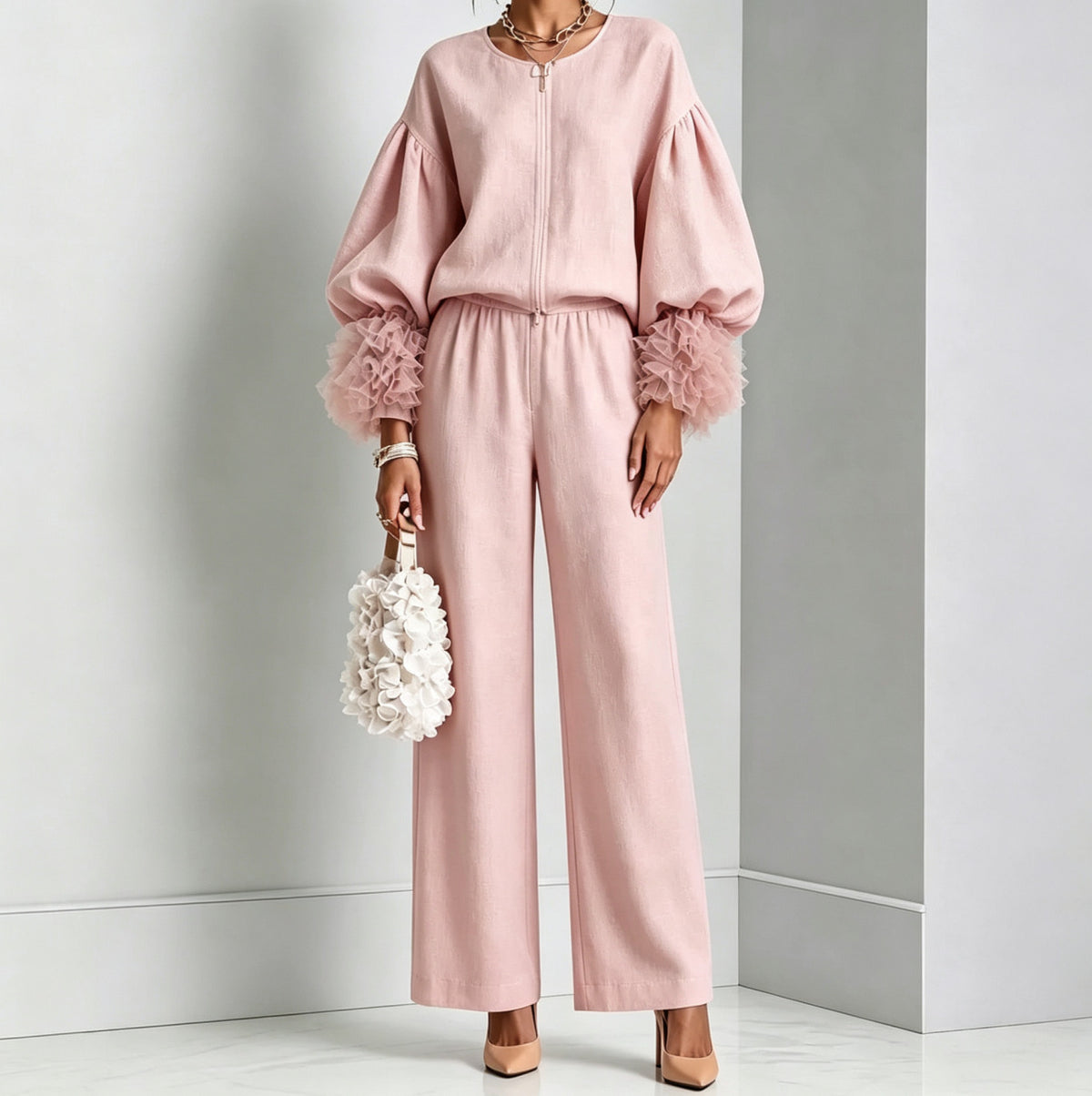 Blush pink zip-front balloon sleeve top and wide-leg pants set, front view