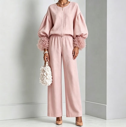 Blush pink zip-front balloon sleeve top and wide-leg pants set, front view