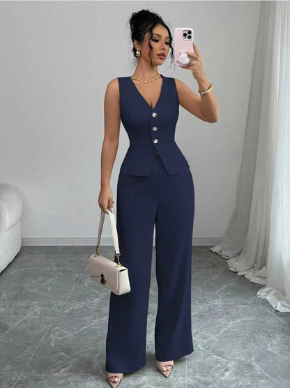 Open sleeveless button-front vest top and wide-leg pants set in navy, front view