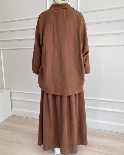 Brown long-sleeve shirt and long skirt set, back view
