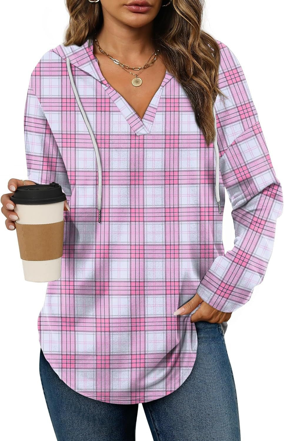 Plaid V-neck hooded long-sleeve top with drawstring in pink and lavender