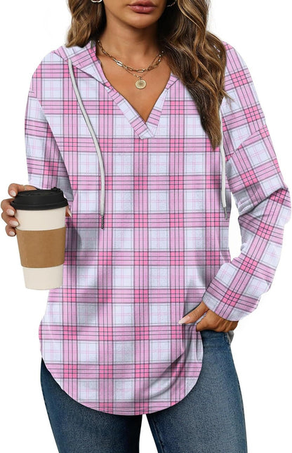 Plaid V-neck hooded long-sleeve top with drawstring in pink and lavender