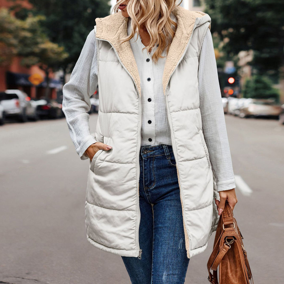 Long quilted hooded vest with soft sherpa lining in ivory
