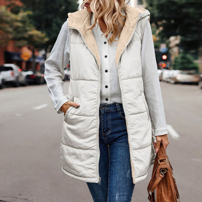 Long quilted hooded vest with soft sherpa lining in ivory