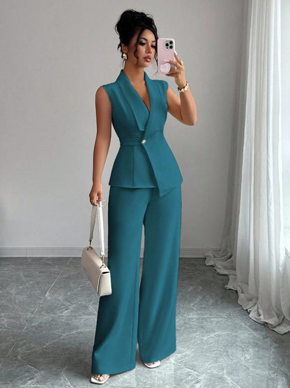 Sleeveless blazer top and wide-leg pants set in teal, front view