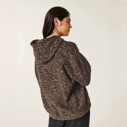 Leopard print pullover hoodie, back view showing the hood