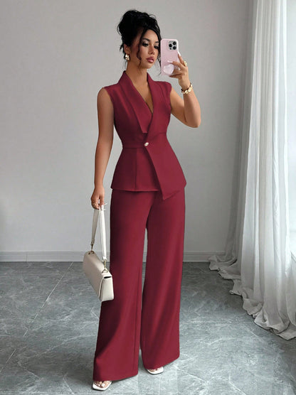 Sleeveless blazer top and wide-leg pants set in burgundy, front view