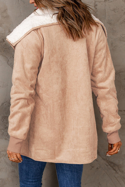 Suede-look open-front coat with sherpa-lined lapel in tan, back view