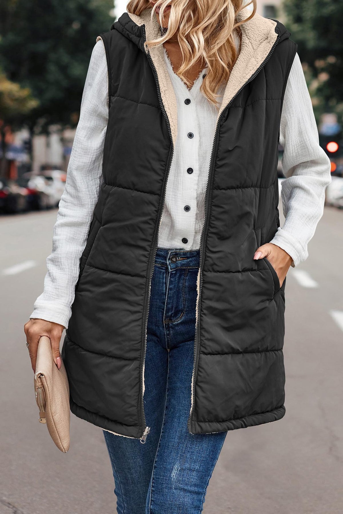 Long quilted hooded vest with soft sherpa lining in black