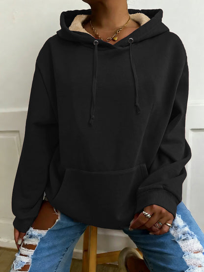 Fleece-lined pullover hoodie with kangaroo pocket in black