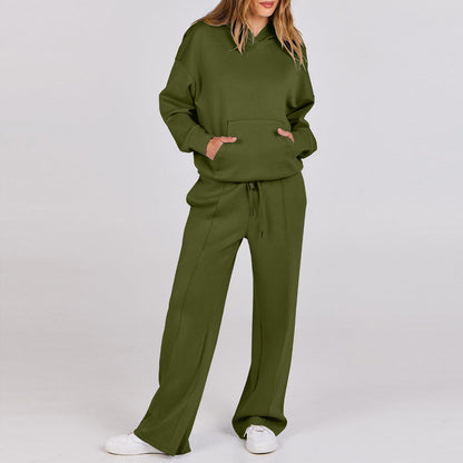 Drawstring hoodie and wide-leg pants lounge set in olive green, full-length front view