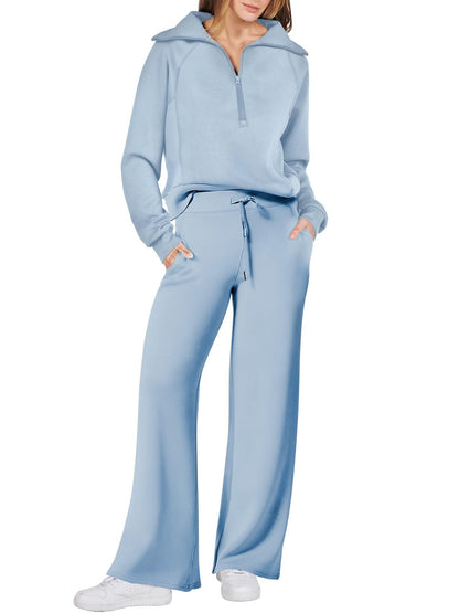 Harlow half-zip pullover and wide-leg pants lounge set in light blue