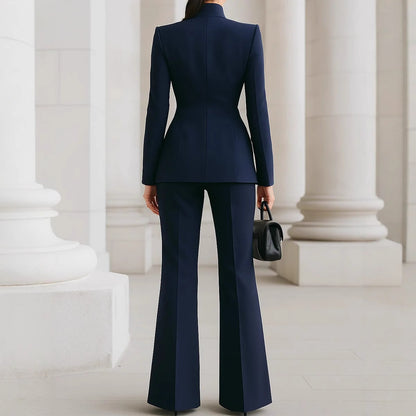 Navy fitted blazer and flare pants set, back view