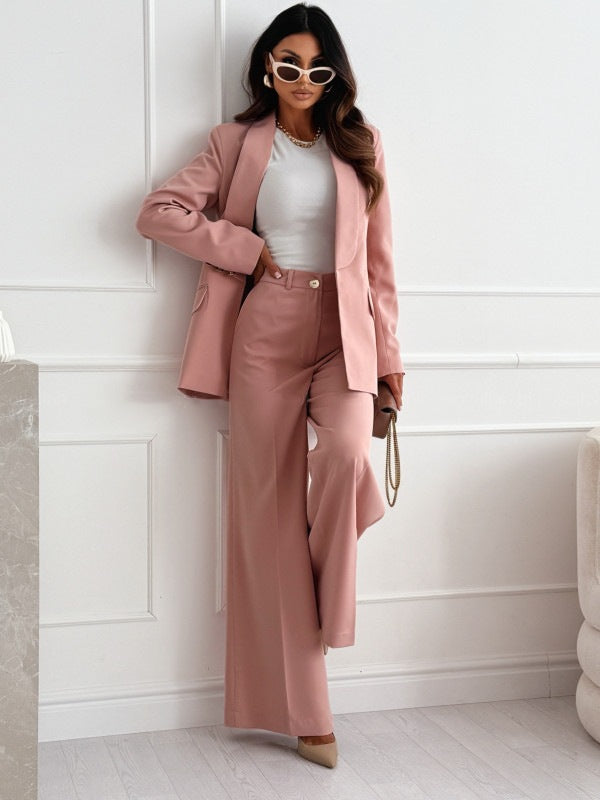Dusty pink blazer and wide-leg pants set, full-length front view