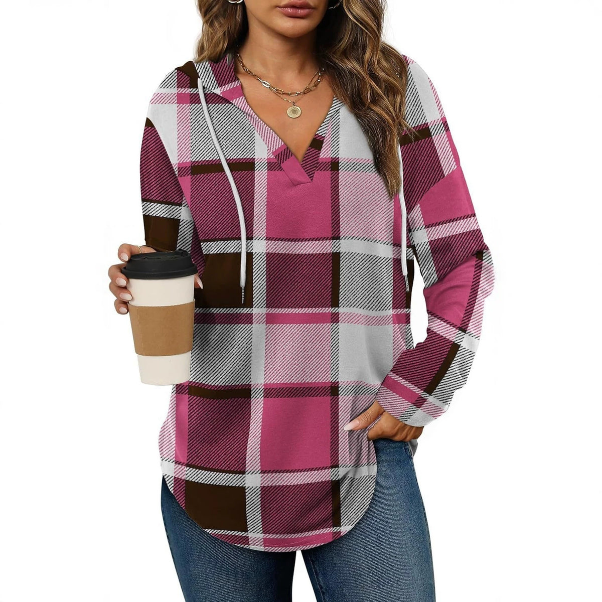 Plaid V-neck hooded long-sleeve top with drawstring in pink and brown