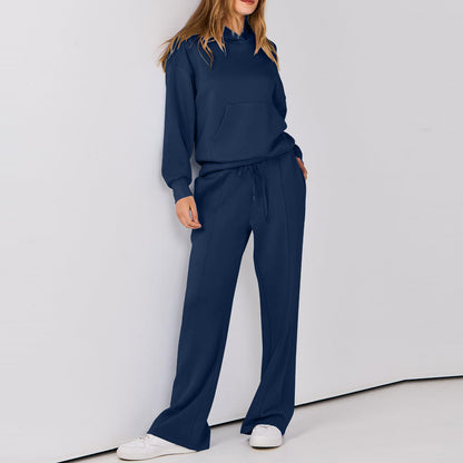 Drawstring hoodie and wide-leg pants lounge set in navy, full-length front view