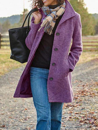 Mid-length single-breasted lapel coat in lilac, front view