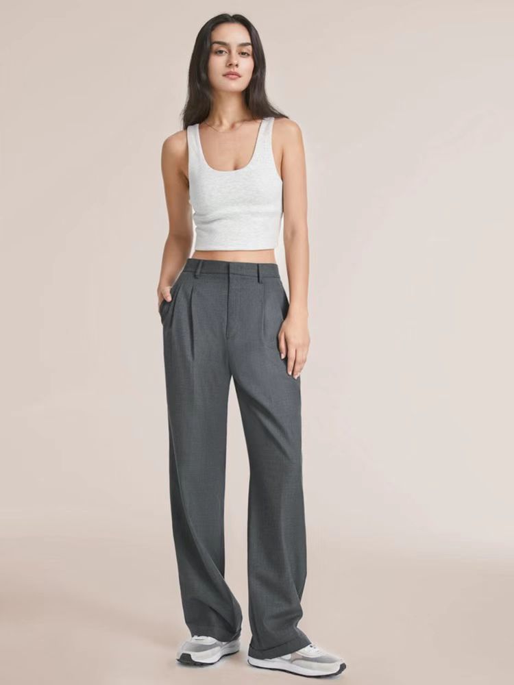 High-waist pleated wide-leg pants in charcoal gray, front view