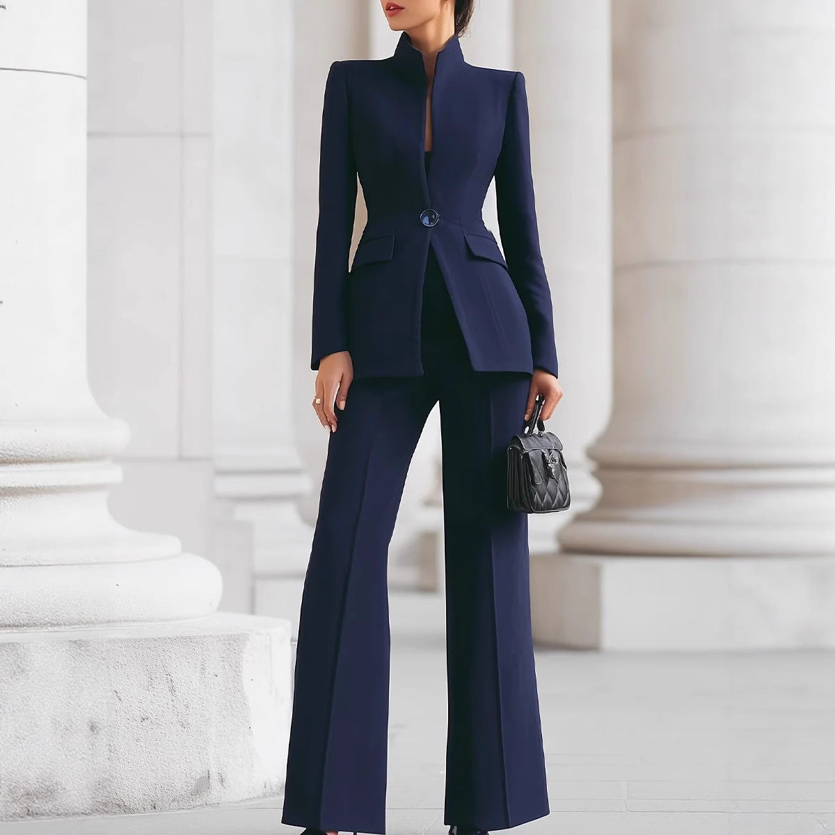 Navy stand-collar fitted blazer and flare pants set, full-length front view
