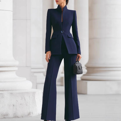 Navy stand-collar fitted blazer and flare pants set, full-length front view
