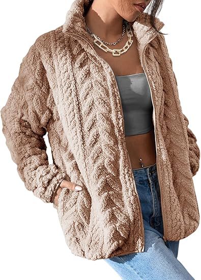 Textured cable-pattern fleece zip-up jacket with stand collar in camel
