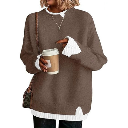 Double-layer crewneck sweater in mocha brown with white layered cuffs and hem, front view