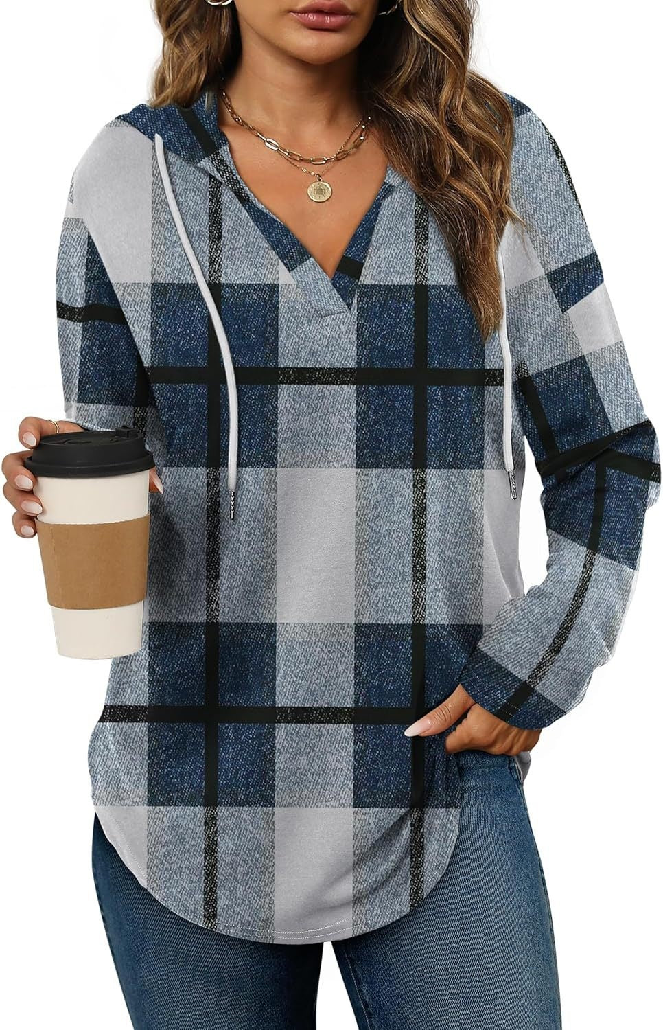 Plaid V-neck hooded long-sleeve top with drawstring in blue and gray