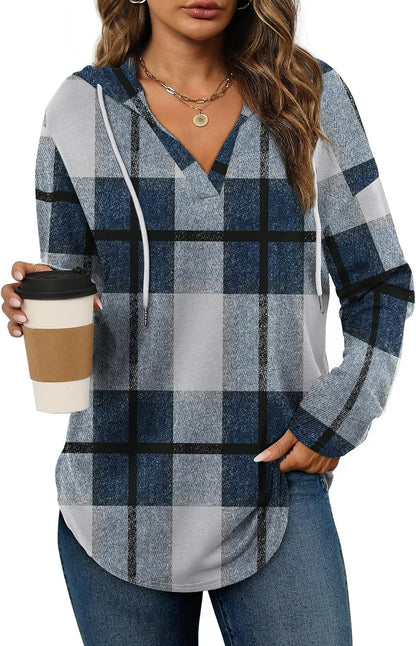 Plaid V-neck hooded long-sleeve top with drawstring in blue and gray