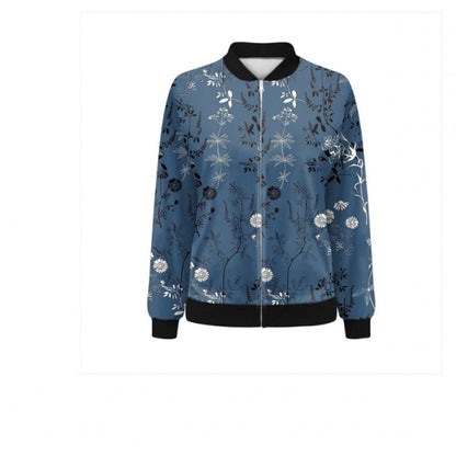 Blue floral-print zip-front bomber jacket with black ribbed trim, laid flat