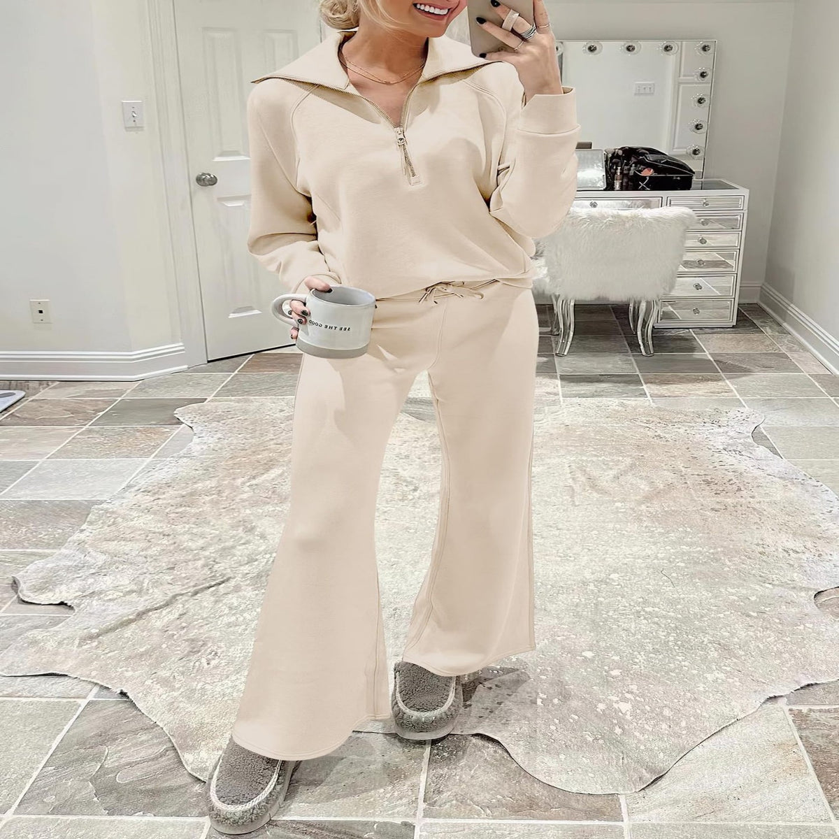 Harlow half-zip pullover and wide-leg pants lounge set in cream, styled indoors