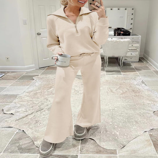 Harlow half-zip pullover and wide-leg pants lounge set in cream, styled indoors