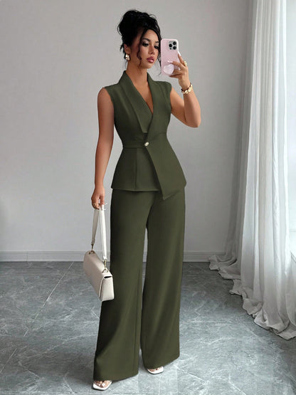 Sleeveless blazer top and wide-leg pants set in olive green, front view
