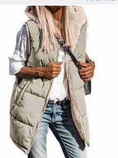Long quilted hooded vest with soft sherpa lining in sage