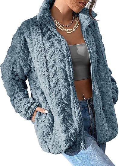 Textured cable-pattern fleece zip-up jacket with stand collar in slate blue