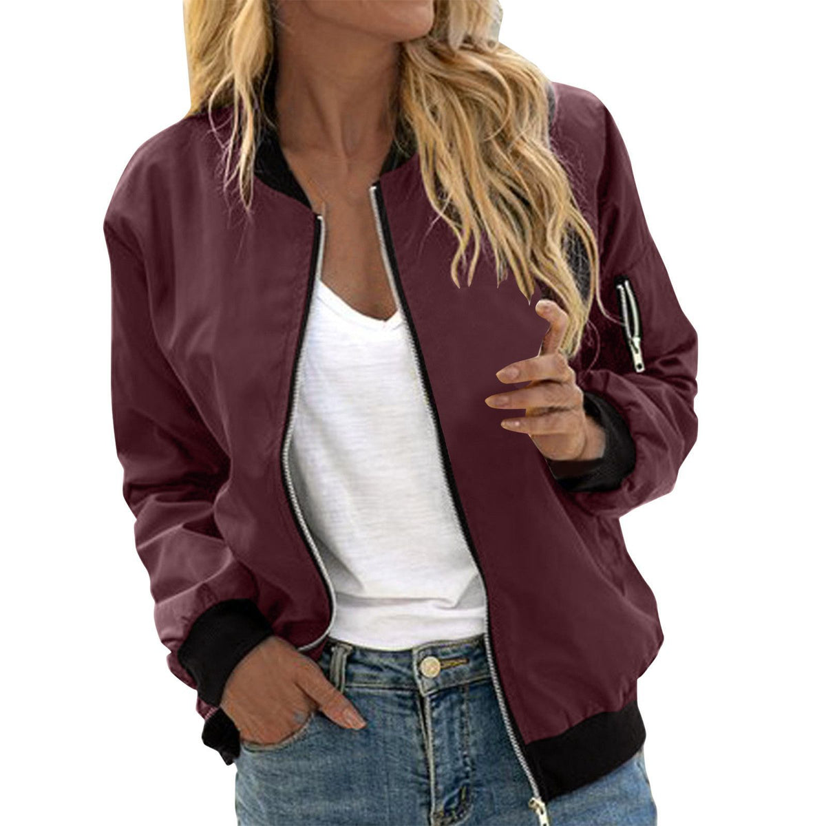 Zip-front bomber jacket with ribbed cuffs and hem in burgundy