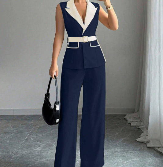 Navy sleeveless belted blazer top with white lapel and matching wide-leg pants