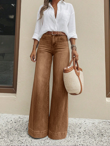 Caramel brown washed high-waist wide-leg jeans, front view