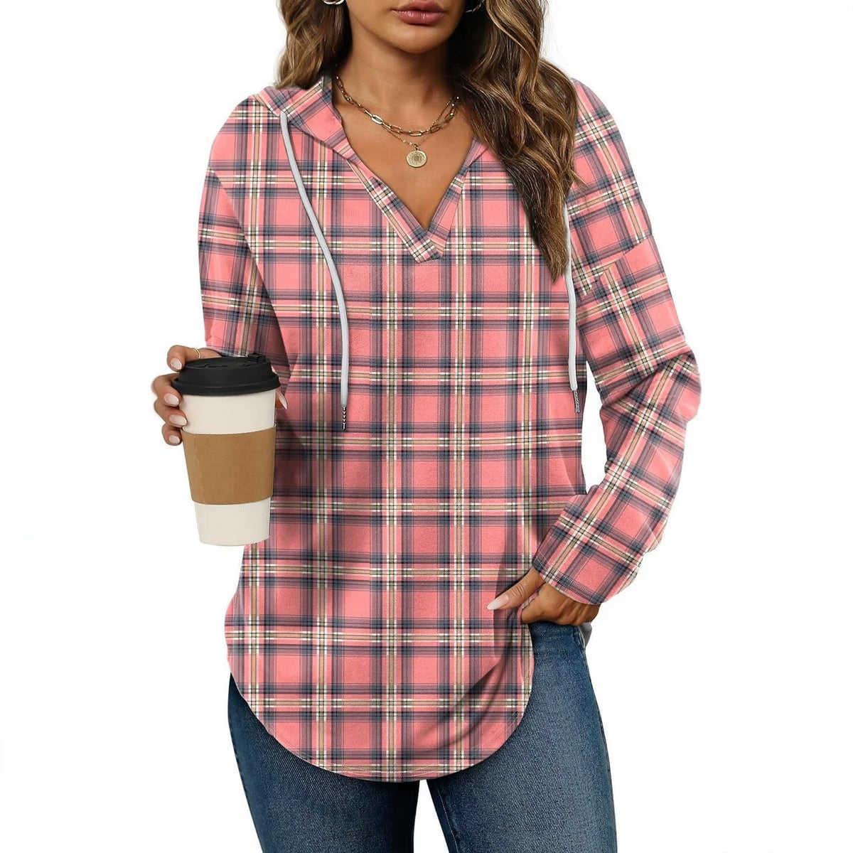 Plaid V-neck hooded long-sleeve top with drawstring in salmon pink