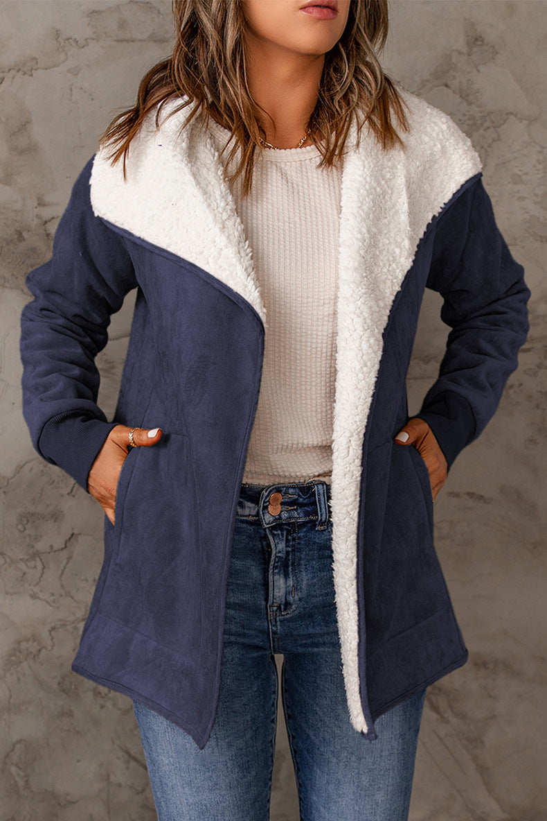 Suede-look open-front coat with sherpa-lined lapel in navy, front view