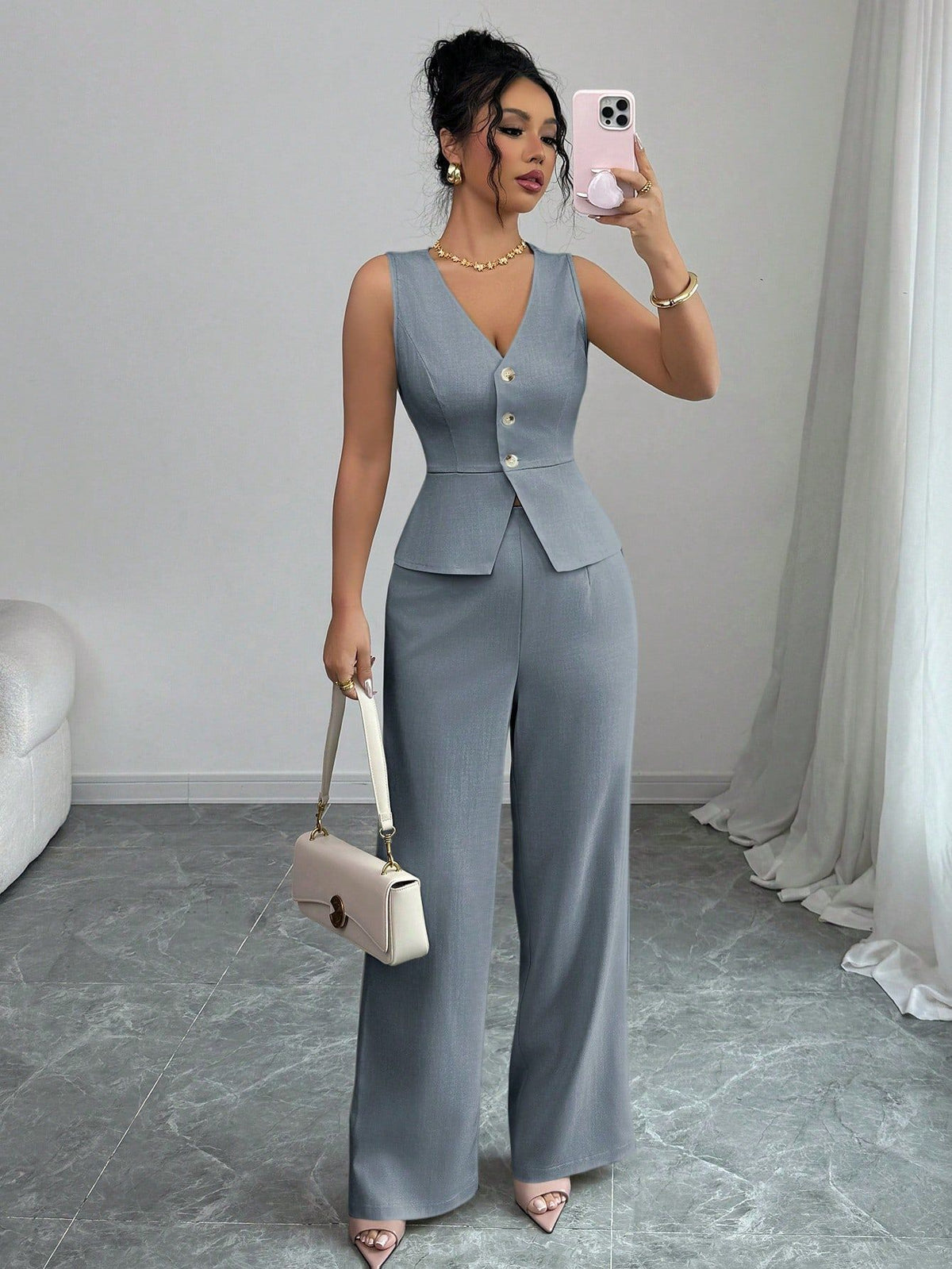 Open sleeveless button-front vest top and wide-leg pants set in slate gray-blue, front view