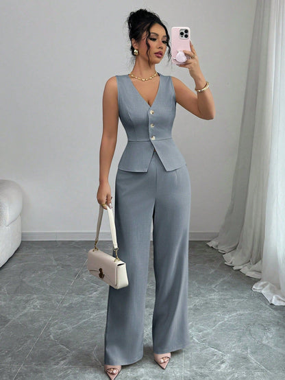 Open sleeveless button-front vest top and wide-leg pants set in slate gray-blue, front view