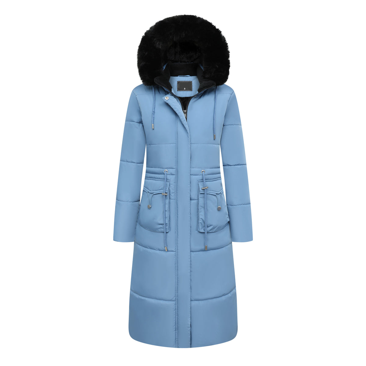 Long padded hooded coat with faux fur trim and cinched waist in light blue