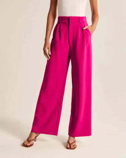 High-waist pleated wide-leg pants in fuchsia, front view