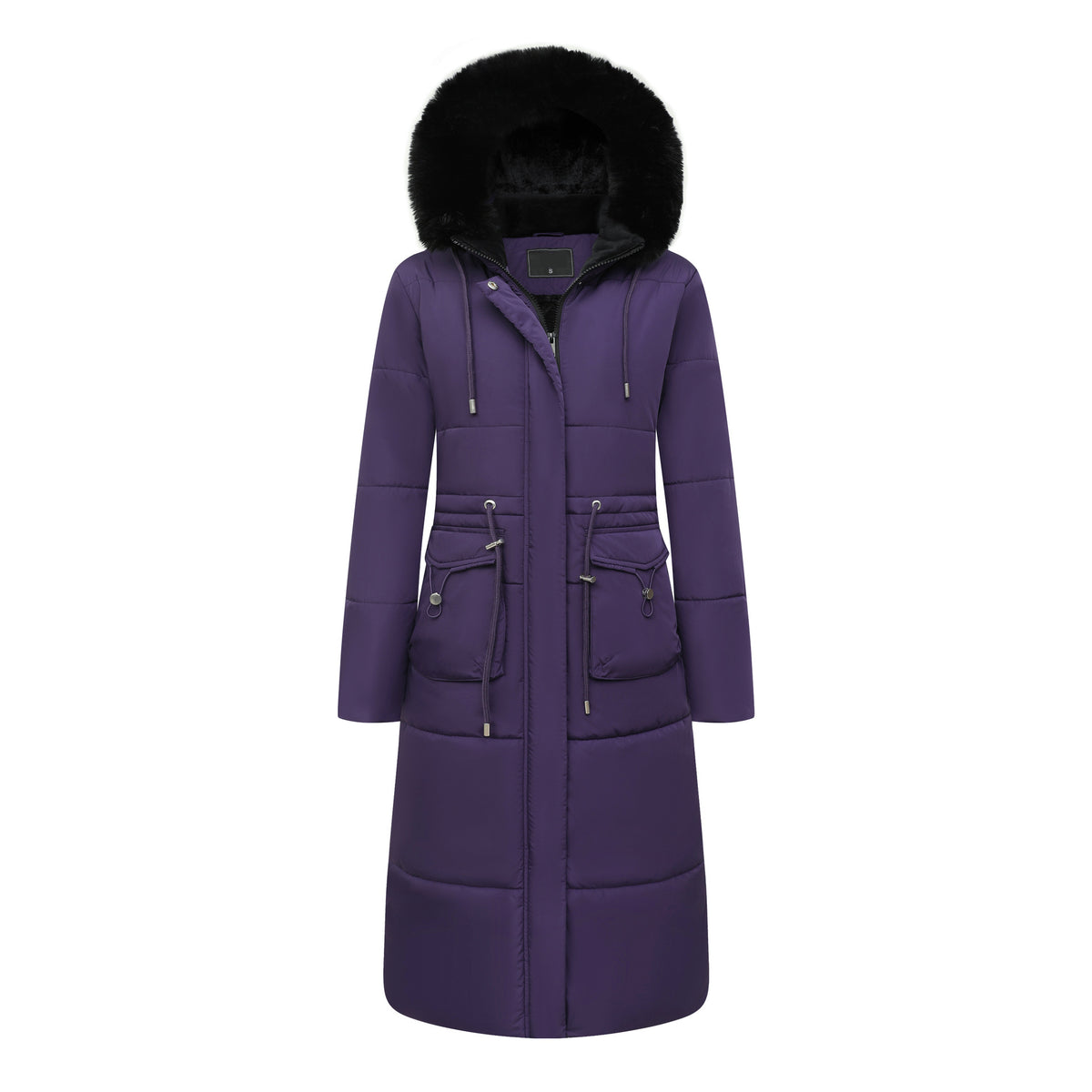 Long padded hooded coat with faux fur trim and cinched waist in purple
