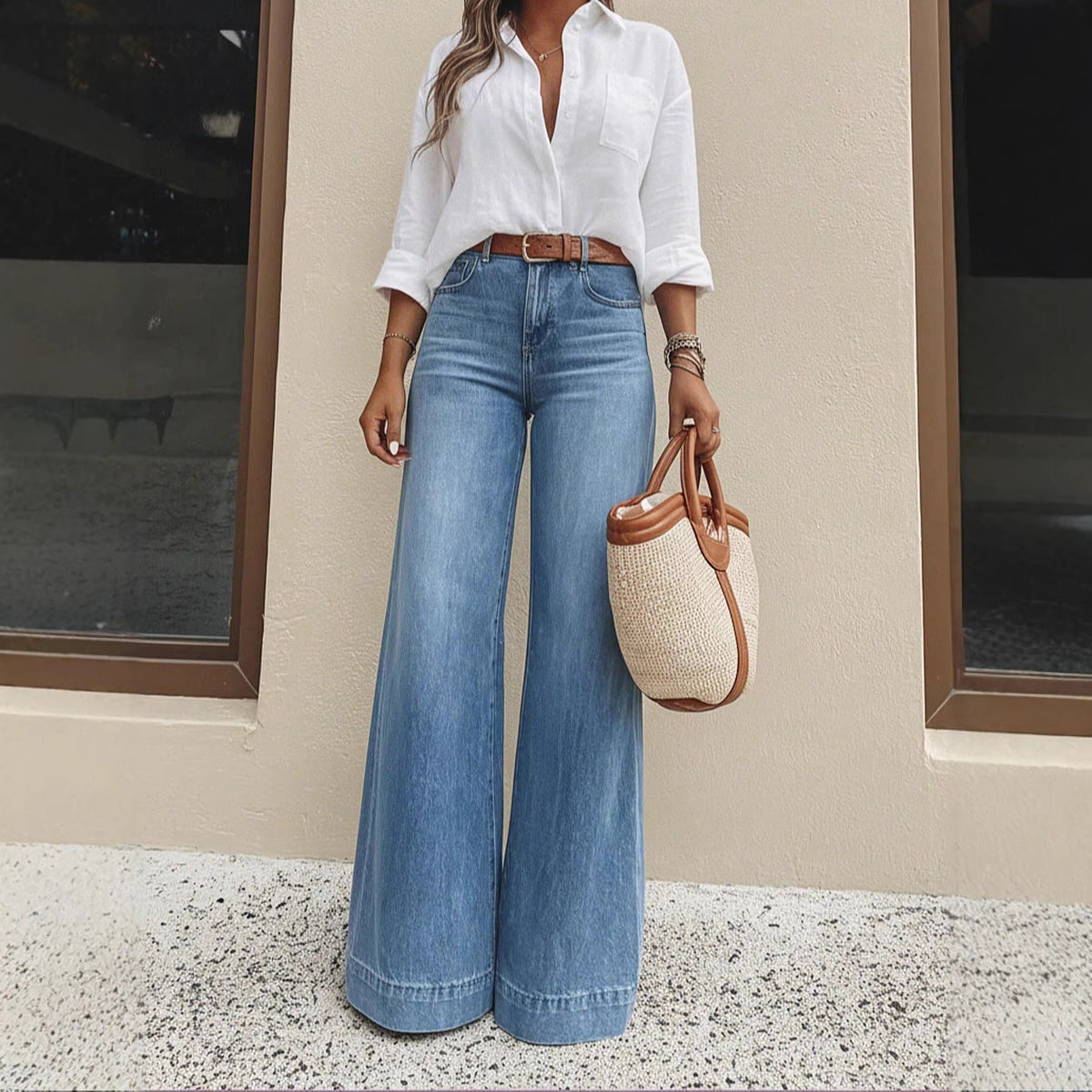 Light blue washed high-waist wide-leg jeans, front view