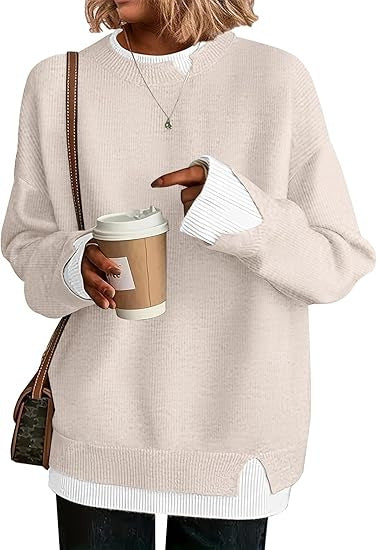 Double-layer crewneck sweater in cream with striped layered cuffs and hem, front view