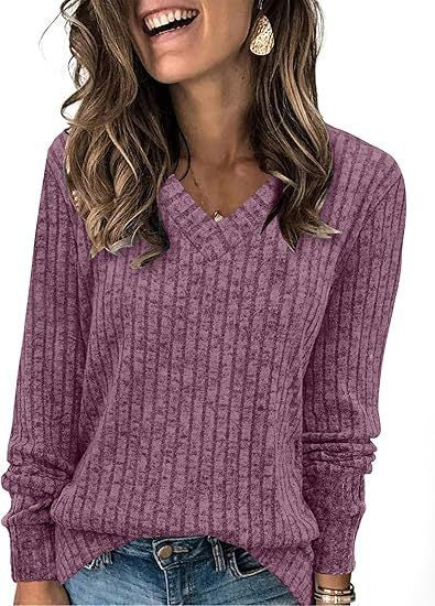 Ribbed V-neck long-sleeve top in plum, worn with jeans