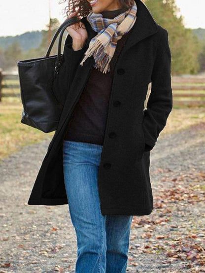Mid-length single-breasted lapel coat in black, front view
